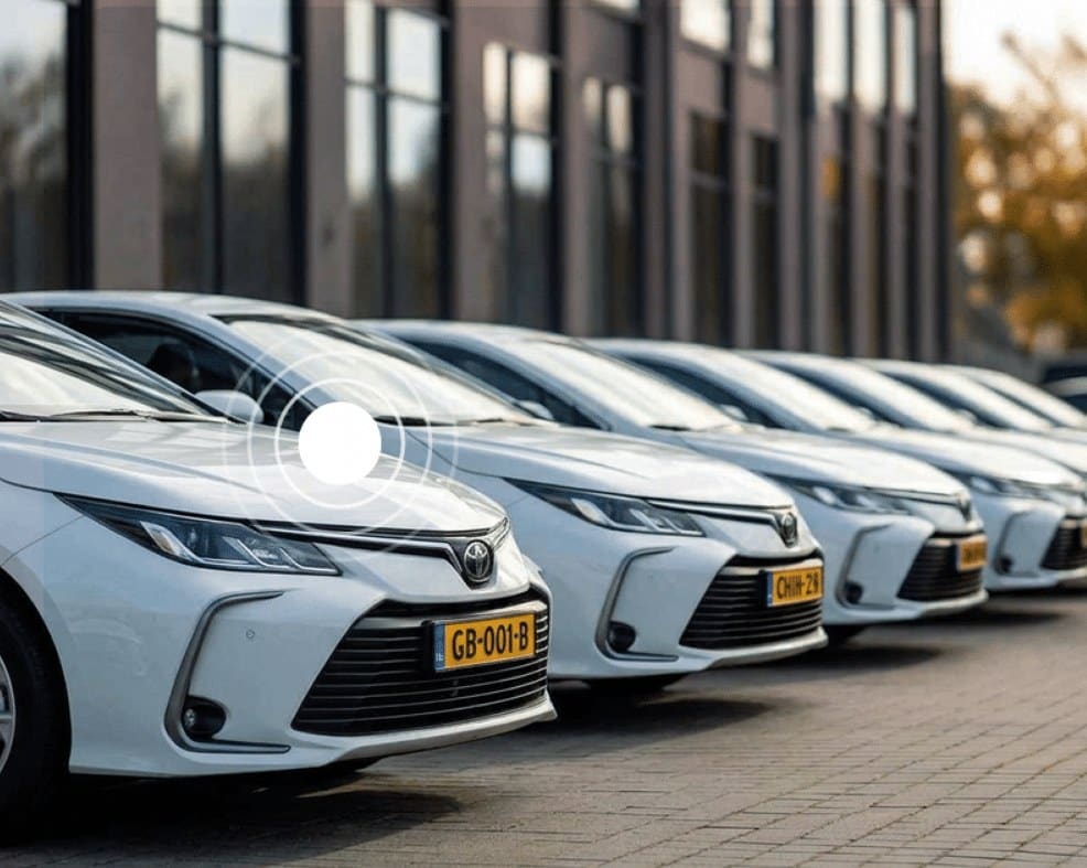 Rij witte bedrijfsauto's van een wagenpark voor een kantoorgebouw. Ga naar Bekijk CO₂-reductie voor je wagenpark