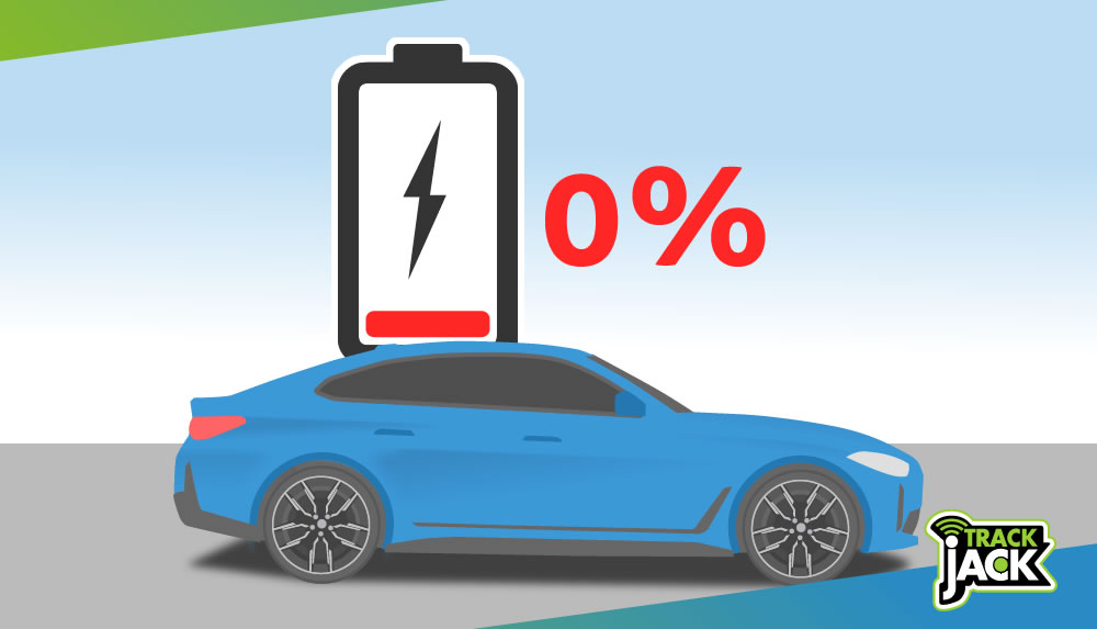 Elektrische auto op het punt van 0 procent batterij, met indicatie van resterende kilometers