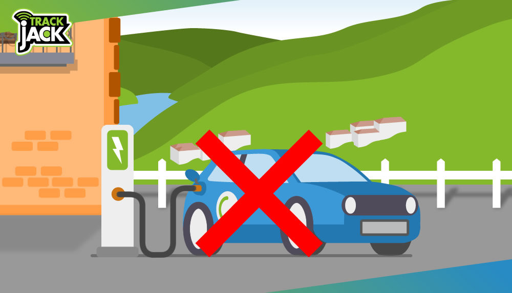 Elektrische auto bij een laadpaal met een rood kruis erdoor, illustratie van EV die niet op vakantie gaat