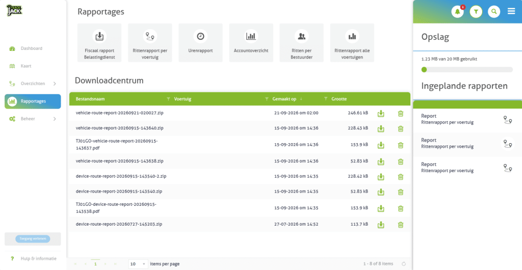 Rapportages in het TrackJack-portaal met het downloadcentrum en ingeplande rapporten