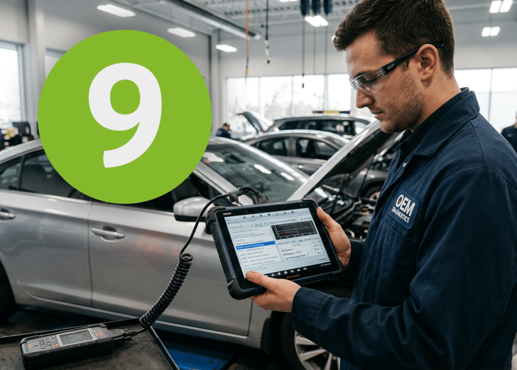 Man naast een auto bekijkt voertuigdata op een tablet met een grote ‘9’ die verwijst naar negen vragen over ritregistratie