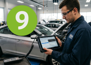 Man naast een auto bekijkt voertuigdata op een tablet met een grote ‘9’ die verwijst naar negen vragen over ritregistratie