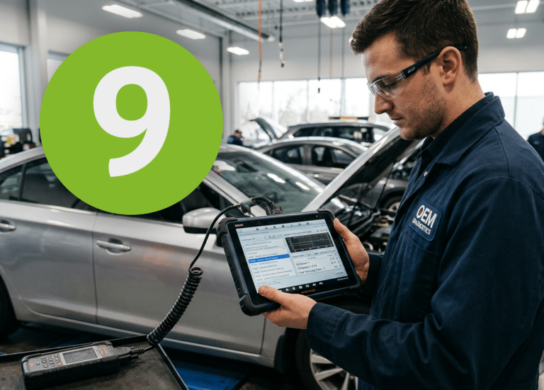 Man naast een auto bekijkt voertuigdata op een tablet met een grote ‘9’ die verwijst naar negen vragen over ritregistratie