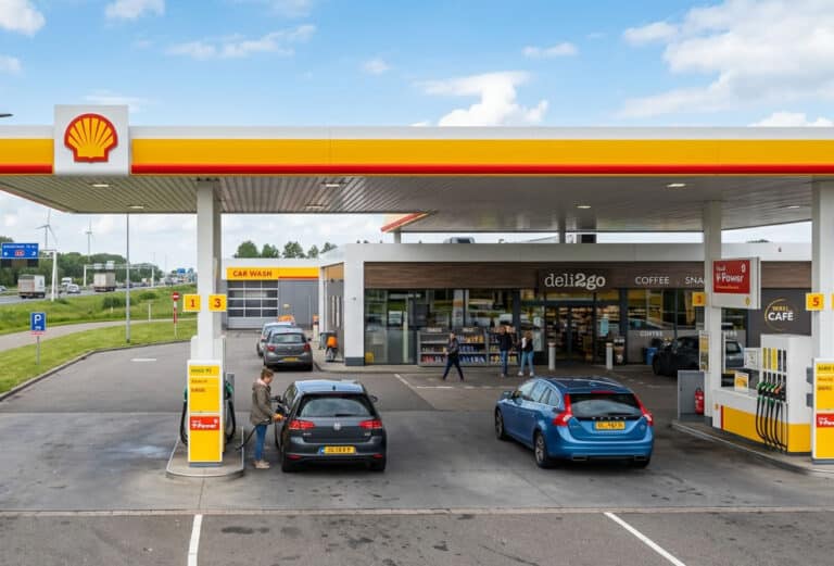 Auto's tanken bij een tankstation terwijl brandstofprijzen hoog blijven