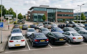 Meerdere leaseauto's geparkeerd op een parkeerplaats bij een bedrijf