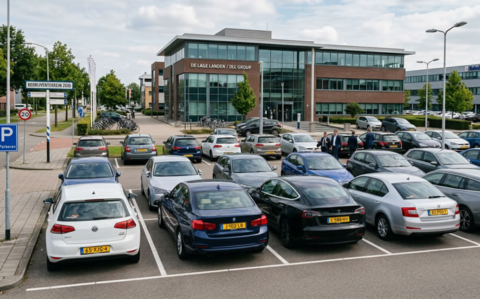 Meerdere leaseauto's geparkeerd op een parkeerplaats bij een bedrijf