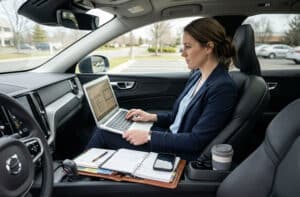Vrouw op de bijrijdersstoel met laptop en notitieblok voor rittenregistratie en administratie