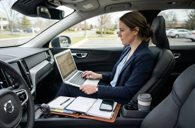 Vrouw op de bijrijdersstoel met laptop en notitieblok voor rittenregistratie en administratie