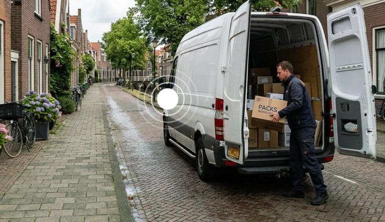 Bezorger laadt een bestelbus met GPS tracker uit in een woonstraat. Ga naar Bekijk het voertuigvolgsysteem