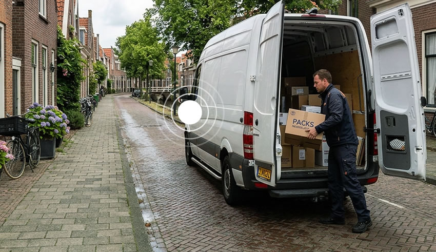 Bezorger laadt een bestelbus met GPS tracker uit in een woonstraat