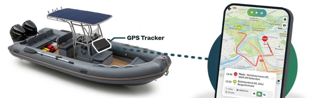 GPS tracker aan boord van een boot, met de route in de TrackJack app