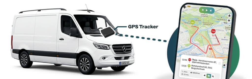 GPS tracker in een bestelbus, met de route in de TrackJack app
