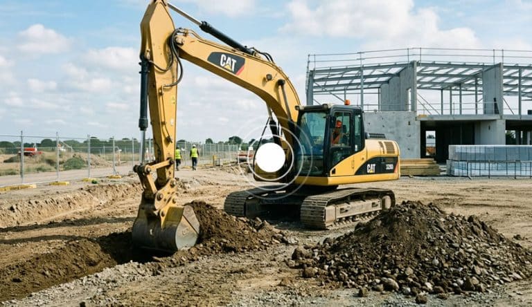 Graafmachine met GPS tracker op een bouwplaats. Ga naar Bekijk materieelbeheer