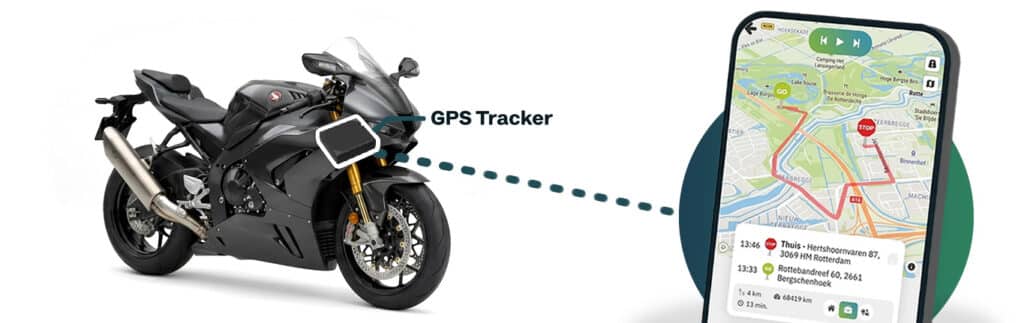 GPS tracker op de motor, met de route in de TrackJack app