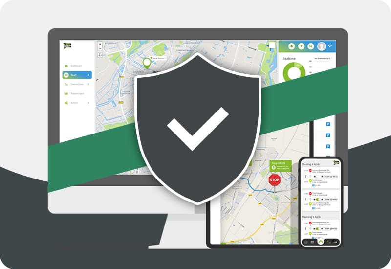 Le portail TrackJack et l'application, protégés par un écran, illustrent la protection de la vie privée et le respect du RGPD dans l'enregistrement des trajets. Accéder aux documents