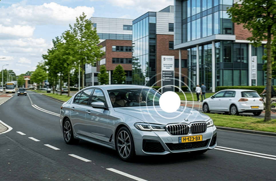Zilveren BMW van een zzp’er onderweg op een bedrijventerrein, met TrackJack GPS tracker voor automatische rittenregistratie
