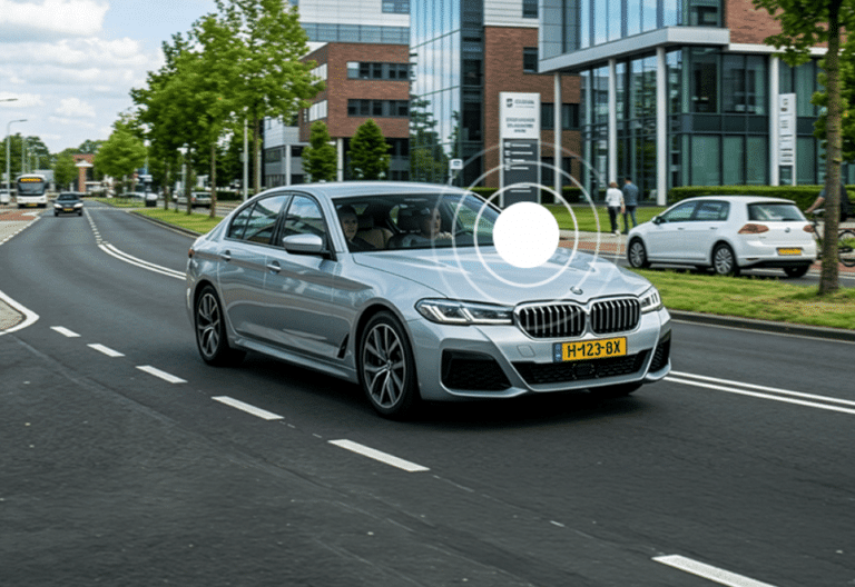 Zilveren BMW van een zzp’er onderweg op een bedrijventerrein, met TrackJack GPS tracker voor automatische rittenregistratie. Ga naar Rittenregistratie voor zzp’ers