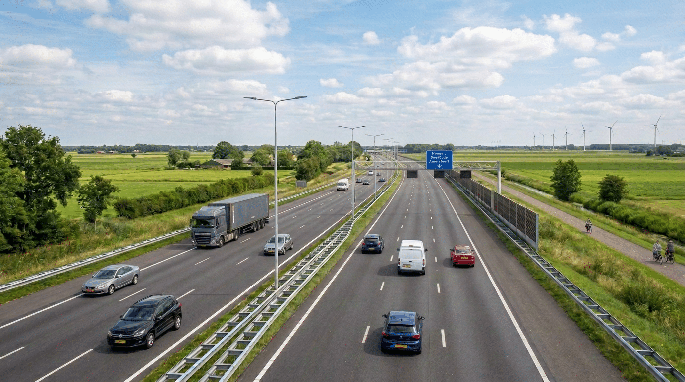 Nederlandse snelweg met blauw wegwijsbord