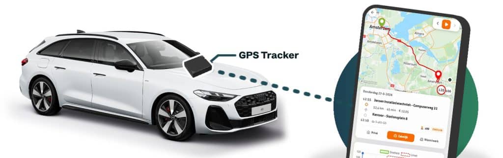 Auto met TrackJack GPS-tracker en de app met ritgegevens