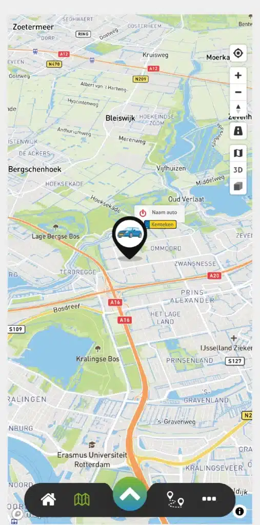 De live kaart in de TrackJack app met de actuele locatie van het voertuig