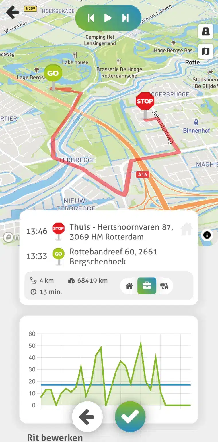 Ritdetail in de TrackJack app: de gereden route op de kaart met adressen, afstand, duur en kilometerstand. Ga naar Bekijk urenregistratie