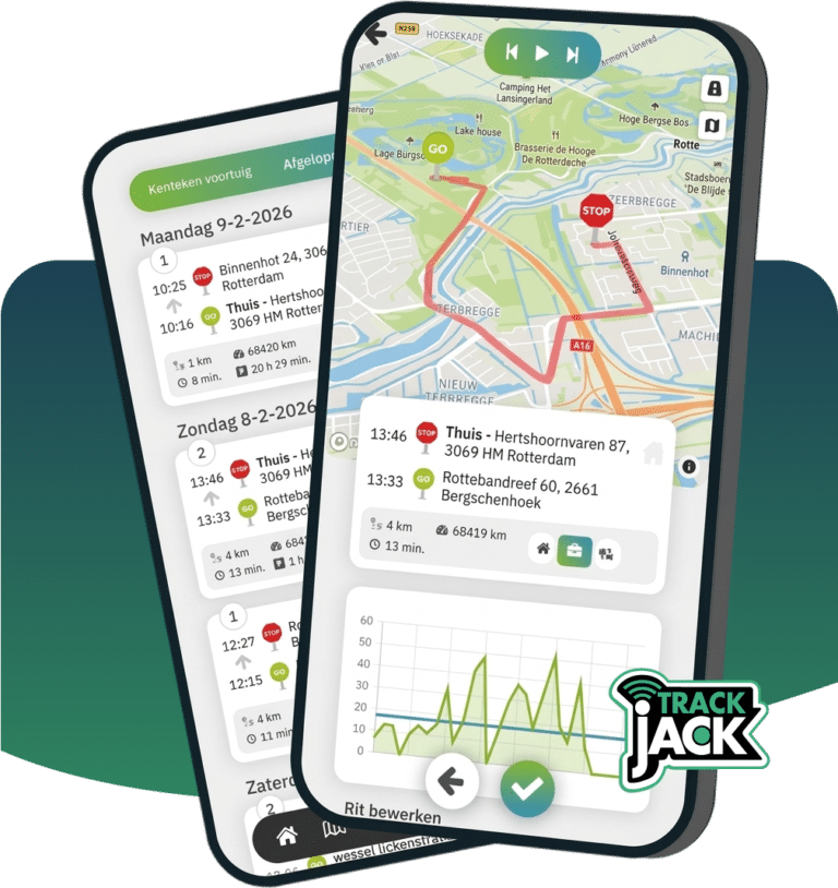 De TrackJack-app met het rittenoverzicht en een ritdetail met de route op de kaart. Ga naar Bekijk kilometerregistratie