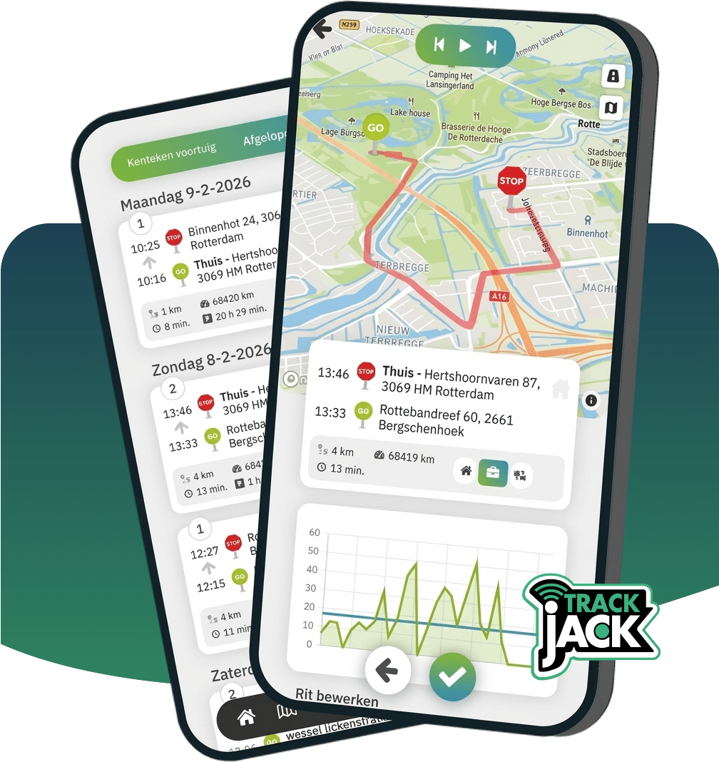 De TrackJack-app met het rittenoverzicht en een ritdetail met de route op de kaart. Ga naar Bekijk onze app