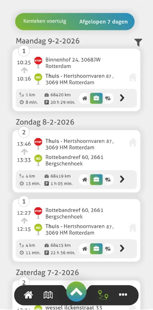 Rittenoverzicht in de TrackJack app: ritten per dag met adressen, afstand en de keuze zakelijk, privé of woon-werk