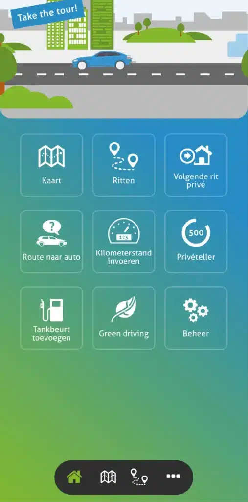 Startscherm van de TrackJack app met kaart, ritten, kilometerstand, privételler en beheer