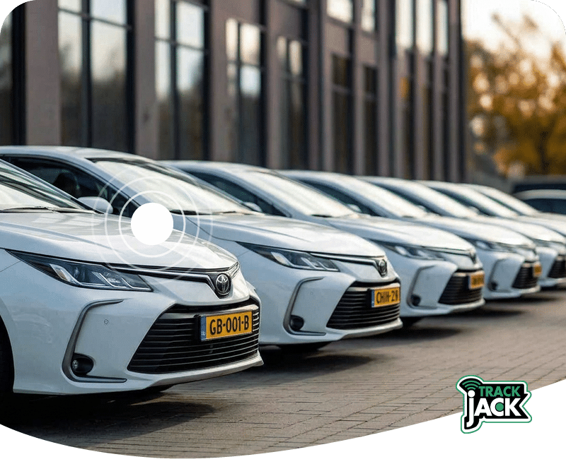 Rij witte bedrijfsauto's van een wagenpark voor een kantoorgebouw, met een TrackJack GPS tracker. Ga naar Hulp bij kiezen