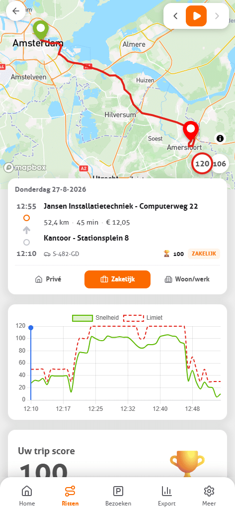 Rit met route en snelheid in de MoveJack app