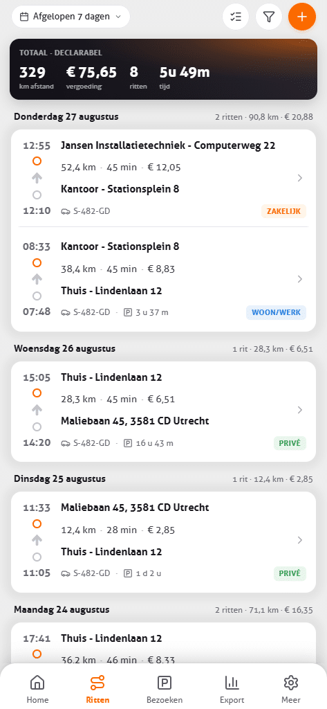 Rittenlijst in de MoveJack app
