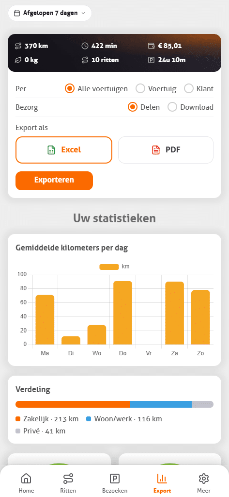 Exportscherm met Excel en PDF in de MoveJack app